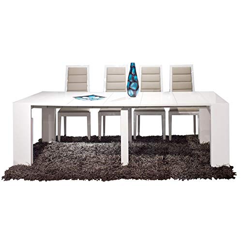 Extendable Space Saving Table, Transforms from a Console Table or Desk to a Large Dining Table That Seats Up to Ten White Gloss - Beveled Edition